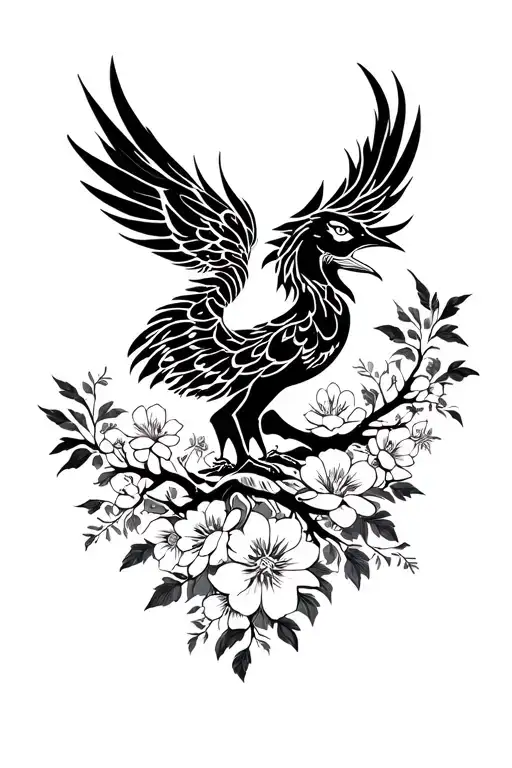 A Phoenix With A Tree And Flowers Surrounding