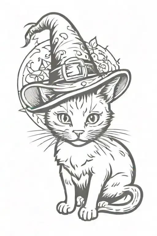 Halloween Themed Cat Wearing Witch Hat Surrounded