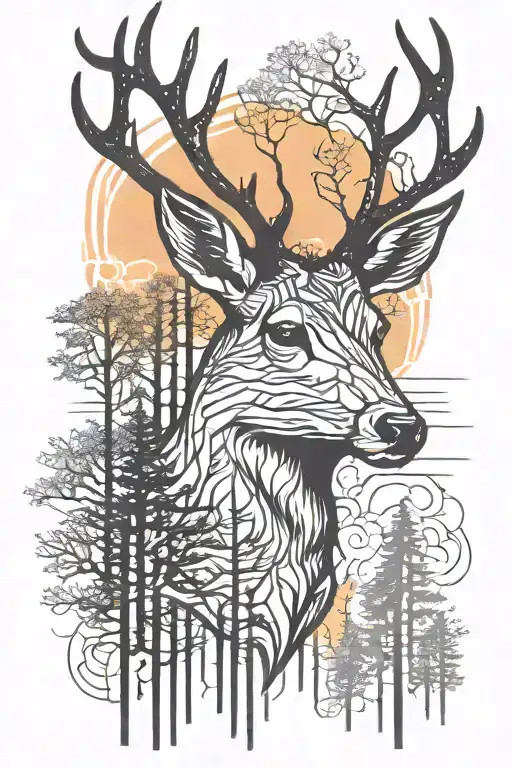 Deer Head With Trees Colors Sunset