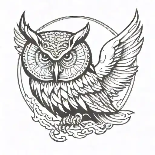 Owl Head With Big Wings And Sun Moon Background Black