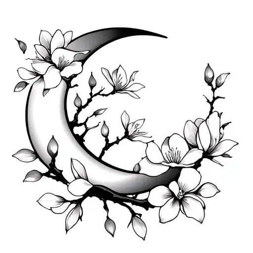 Crescent Moon With Cherry Blossom Petals And Magnolias