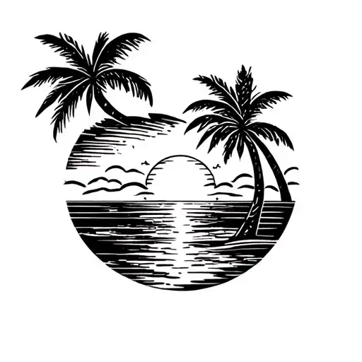 Palm Tree And Sunset On Beach