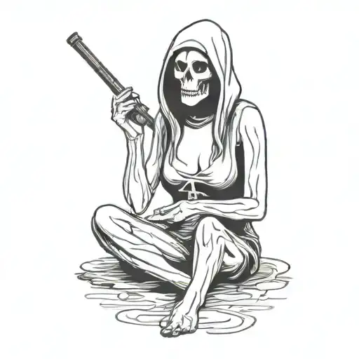 Woman Smoking A Meth Pipe With The Grim Reaper Standing Behind Her