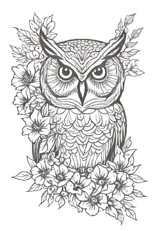Owl With No Geometric Surrounded By Cosmo Flower And Gladiolus Flower