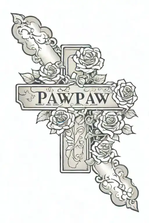 A Cross With A Gravestone With Name Pawpaw And Roses And Sunshine W Clouds
