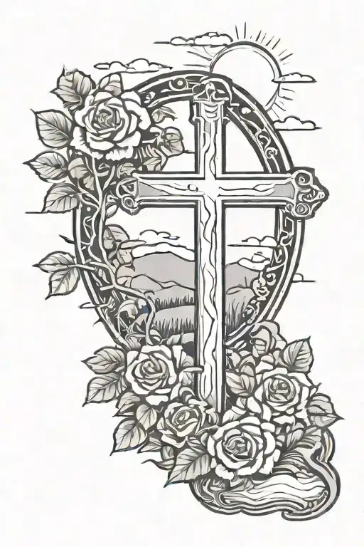 A Cross On A Hill With A Gravestone With Name Pawpaw And Roses And Sunshine W Clouds