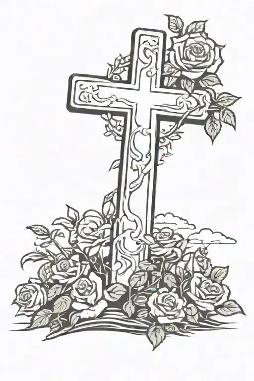 A Cross On A Hill With Gravestone Leaning On The Cross And Roses And Sunshine W Clouds