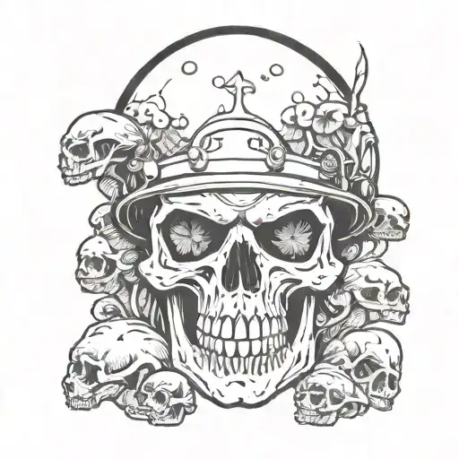 Skull In Wermacht Helmet With Psylocibe Mushrooms Growing From This Skull