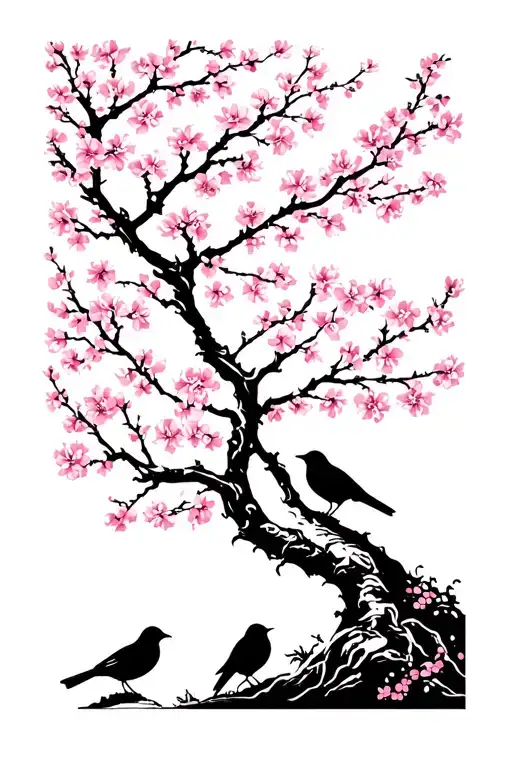 Cherry Blossom Tree And Magpies