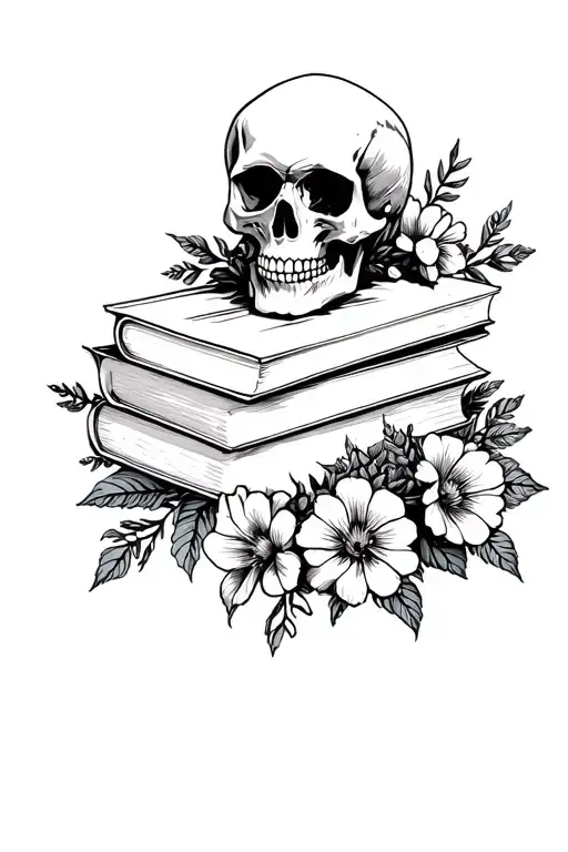 Skull Sitting On Top Of Books Surrounded By Flowers