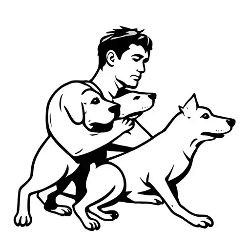 Man Owner Hugging Two Dogs Playing
