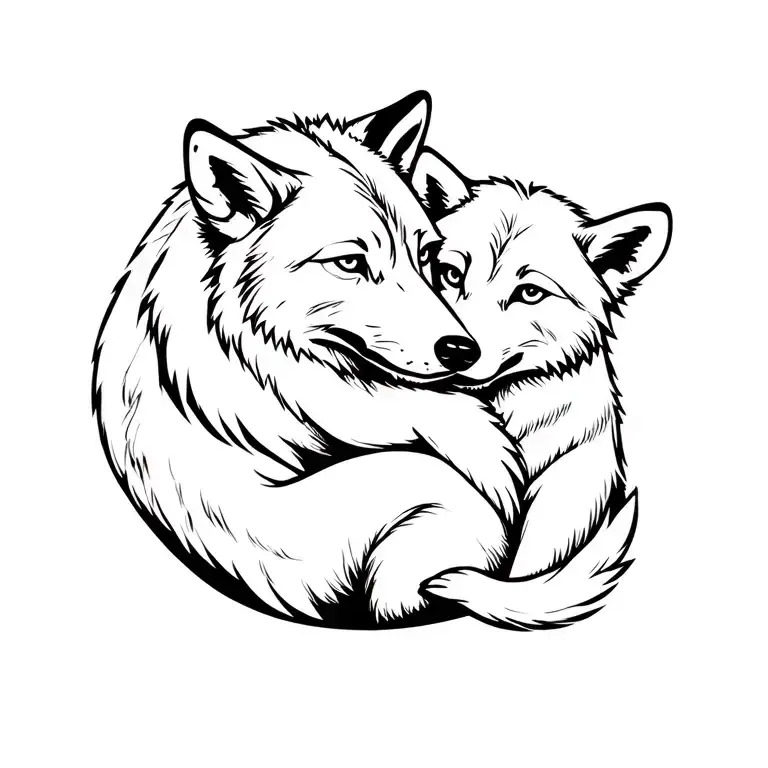 Wolf And Two Hug Cubs