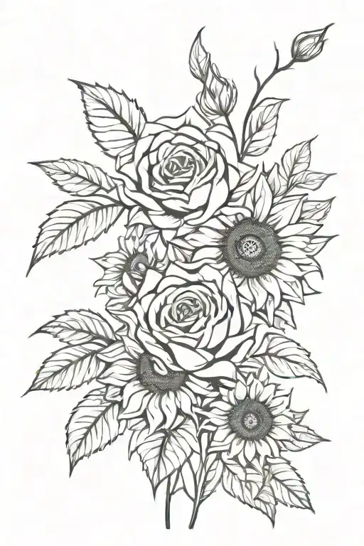 Rose And Sunflowers Long Greens Stems