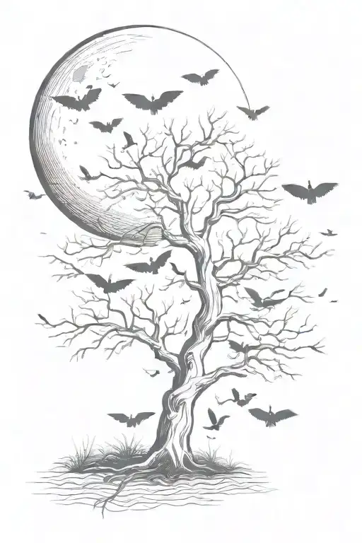 A Poison Tree With No Leaves With The Moon Over The Tree With Lots Of Birds