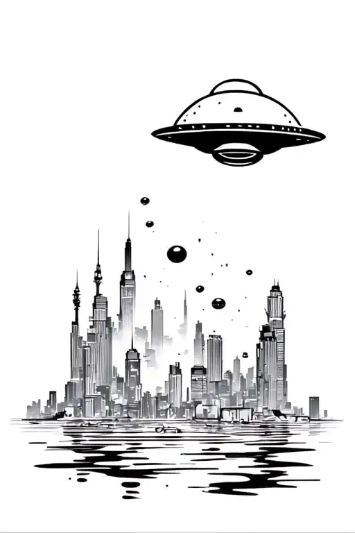 City Water Destruction Aliens Ufo Sin Material Depicting