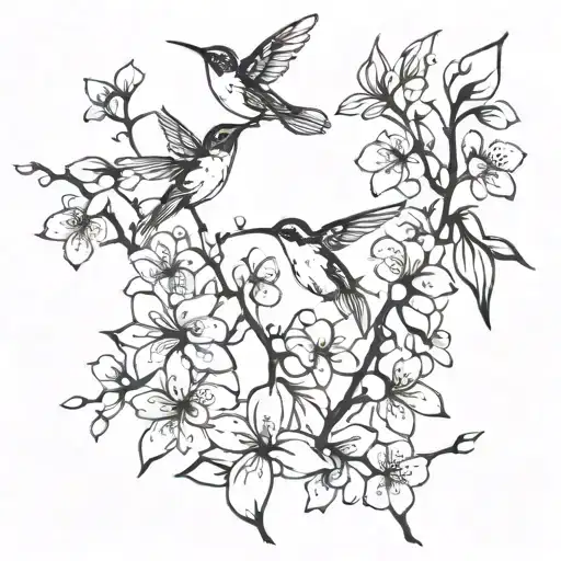 Vine Cherry Blossoms Humming Birds
