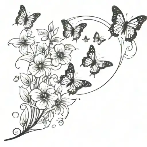 Peaceful Sunset With Flowers And Butterflies Fluttering