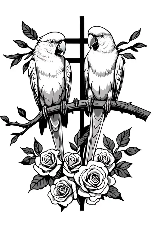 2 Parrots Sitting On A Branch With A Cross And Roses