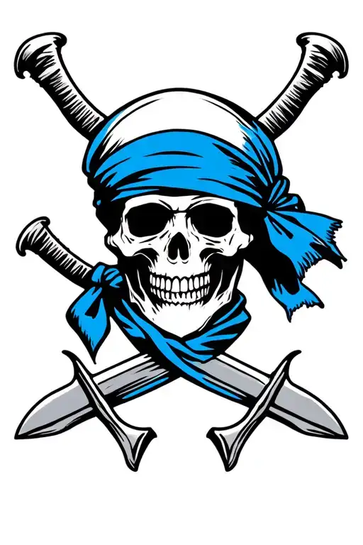 Realistic Pirate Skull With Blue Bandana With Swords