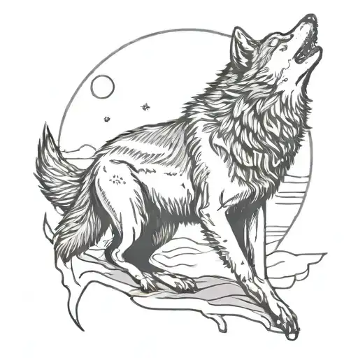 An Elegant Black And Grey Tattoo Of A Wolf Howling At The Moon