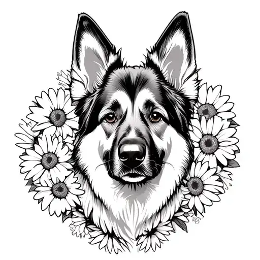 German Shepherd With Gerber Daisies Around It