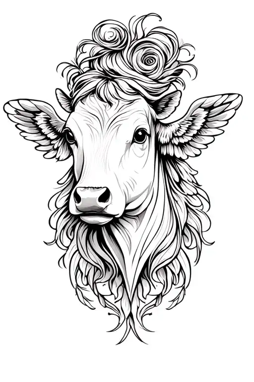 Female Cow Head Thin Lines Stencil Very Feminine Beautiful With Angel Wings