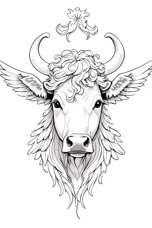 Female Cow Head Thin Lines Stencil Feminine Beautiful With Angel Wings Simple