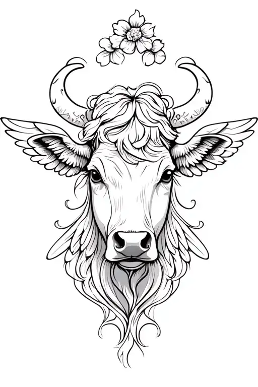 Female Cow Head Thin Lines Stencil Feminine Beautiful With Angel Wings Simple