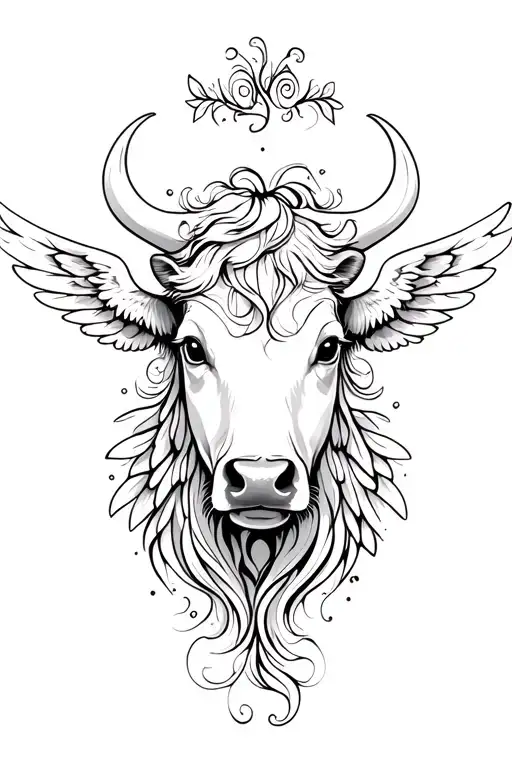 Female Cow Head Thin Lines Angel Wings