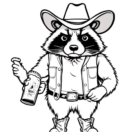 Whole Body Sad Cowboy Racoon With Boots Wearing A Vest Holding A Beer With A Cow Boy Hat On