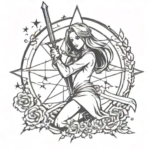 Draw Sketches Of A Girl Holding A Gothic Style Sword Around A Star