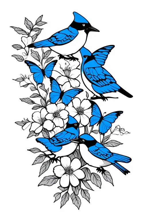 Blue Jays Flowers And Butterflies Intertwined