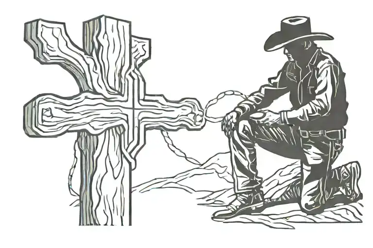 Silhouette Of A Cowboy That Is Kneeling Down Next To A Cross