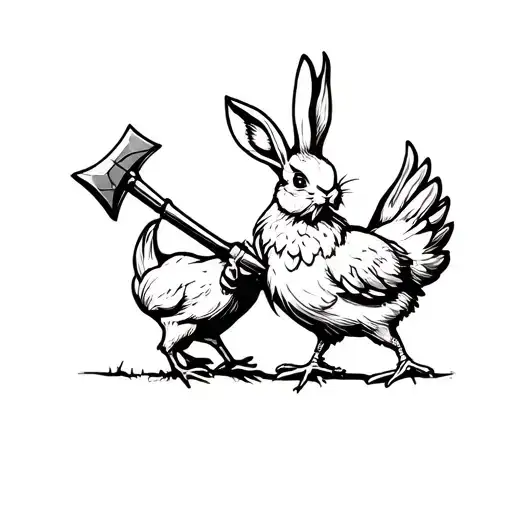 Rabbit With Spear Fighting Chicken With Axe Sketch