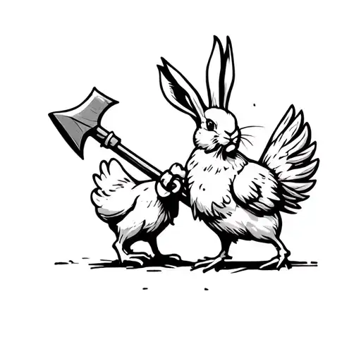 Rabbit With Spear Fighting Chicken With Axe Sketch