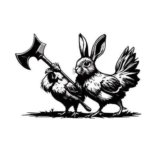Rabbit With Spear Fighting Chicken With Axe Sketch