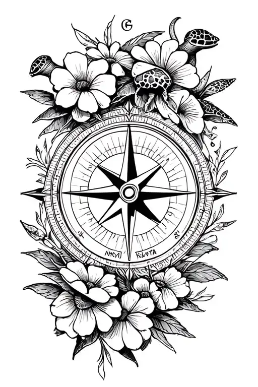 Compass Surrounded By Turtles And Flowers