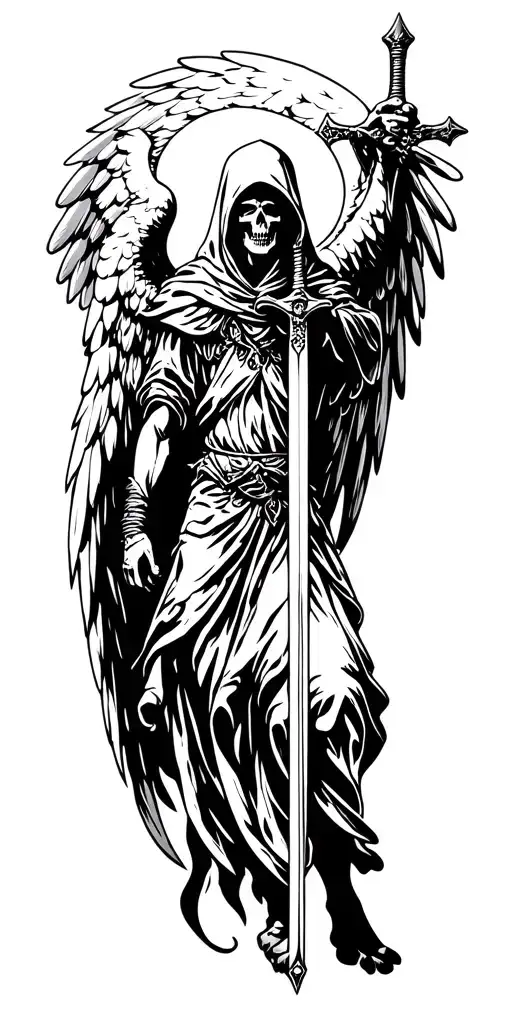 Hooded Angel Of Death Flying Holding A Sword