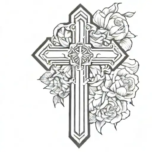 Firefighter And Christian Cross With Flowers Tattoo Idea