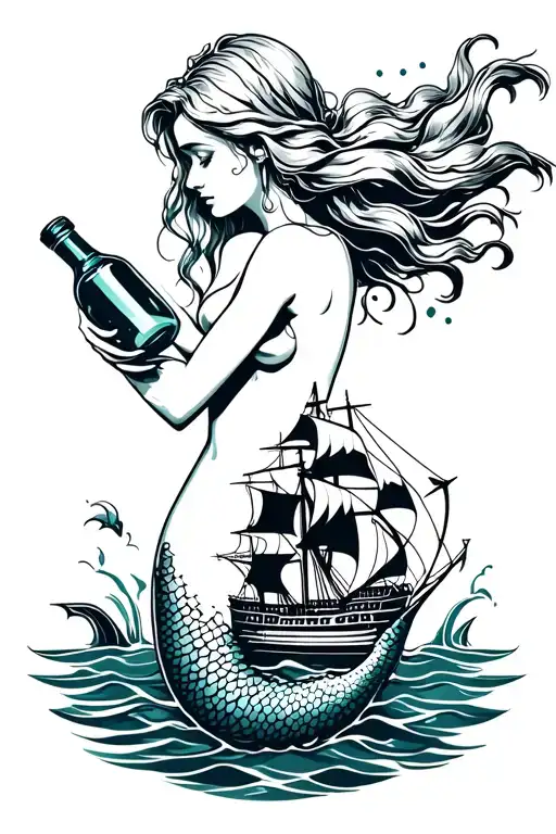 Mermaid Holding A Bottle With A Ship In It