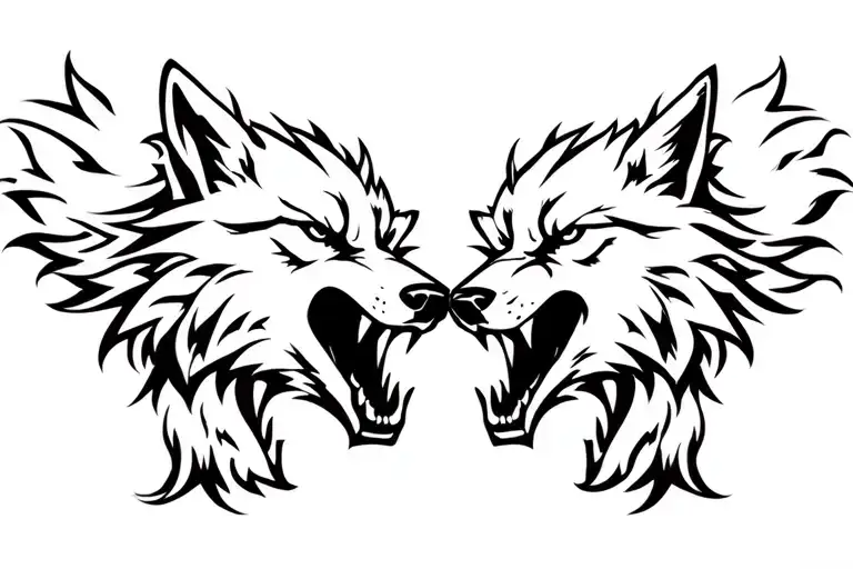 Two Fighting Wolves With Big Fangs Angry