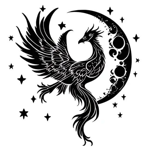 Lunar Phoenix With Moon Surrounded By Stars
