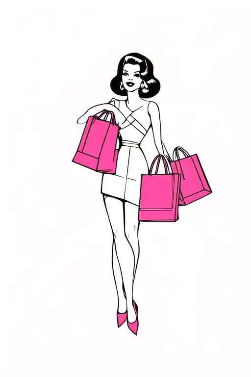 A Chic Blackwork Tattoo Of A Fashion-forward Mum With A Barbie Pink Purse And Shopping Bags