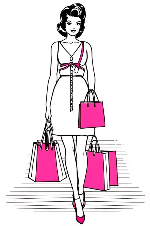 A Chic Blackwork Tattoo Of A Fashion-forward Mum With A Barbie Pink Purse And Shopping Bags