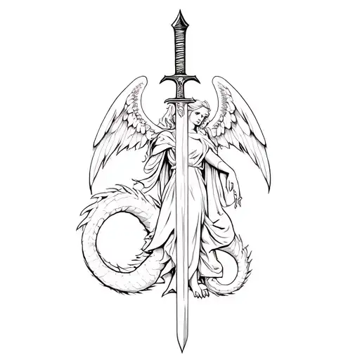 An Angel With A Sword On Top Of A Dragon