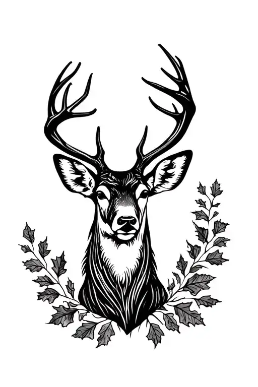 Realistic Deer Head With Oak Leaves
