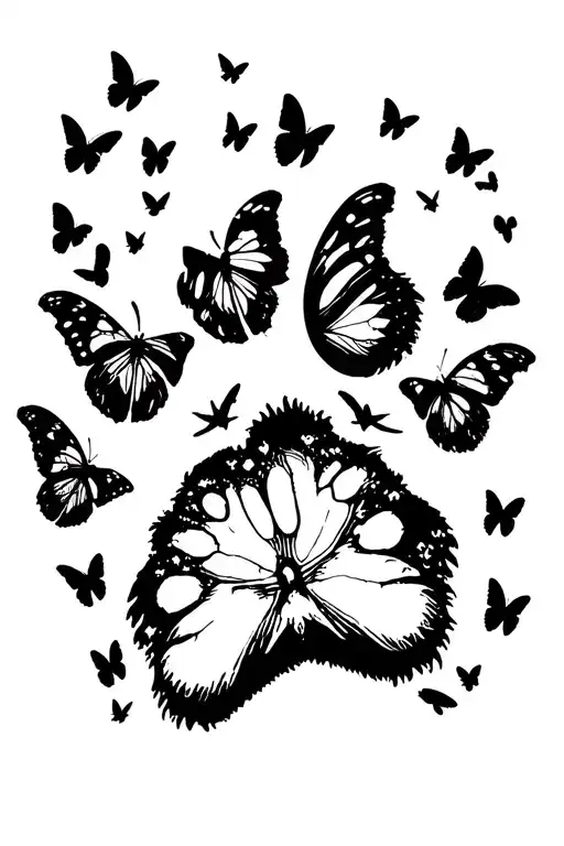 Dog Paw Print With Black Butterflies Flying