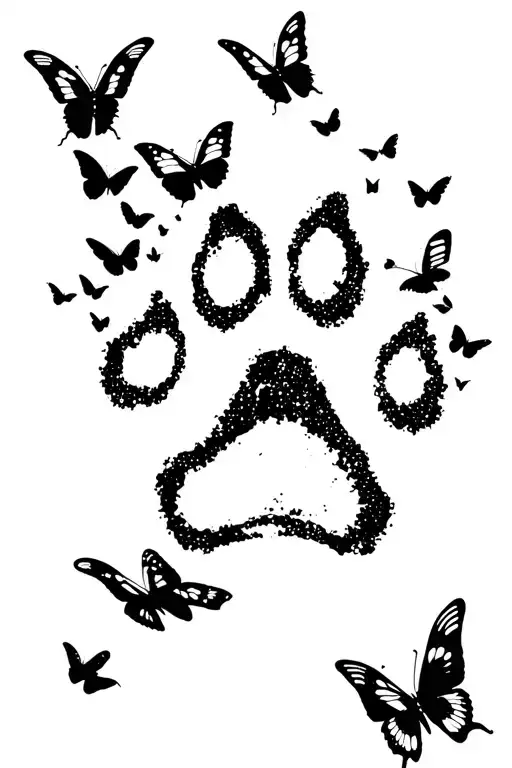 Dog Paw Print With Black Butterflies Flying Around It