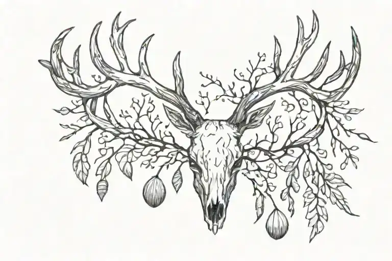 Deer Antlers No Head With Seashells Scattered And Vines Surrounding