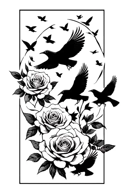 Roses And Ravens Flying Above Them